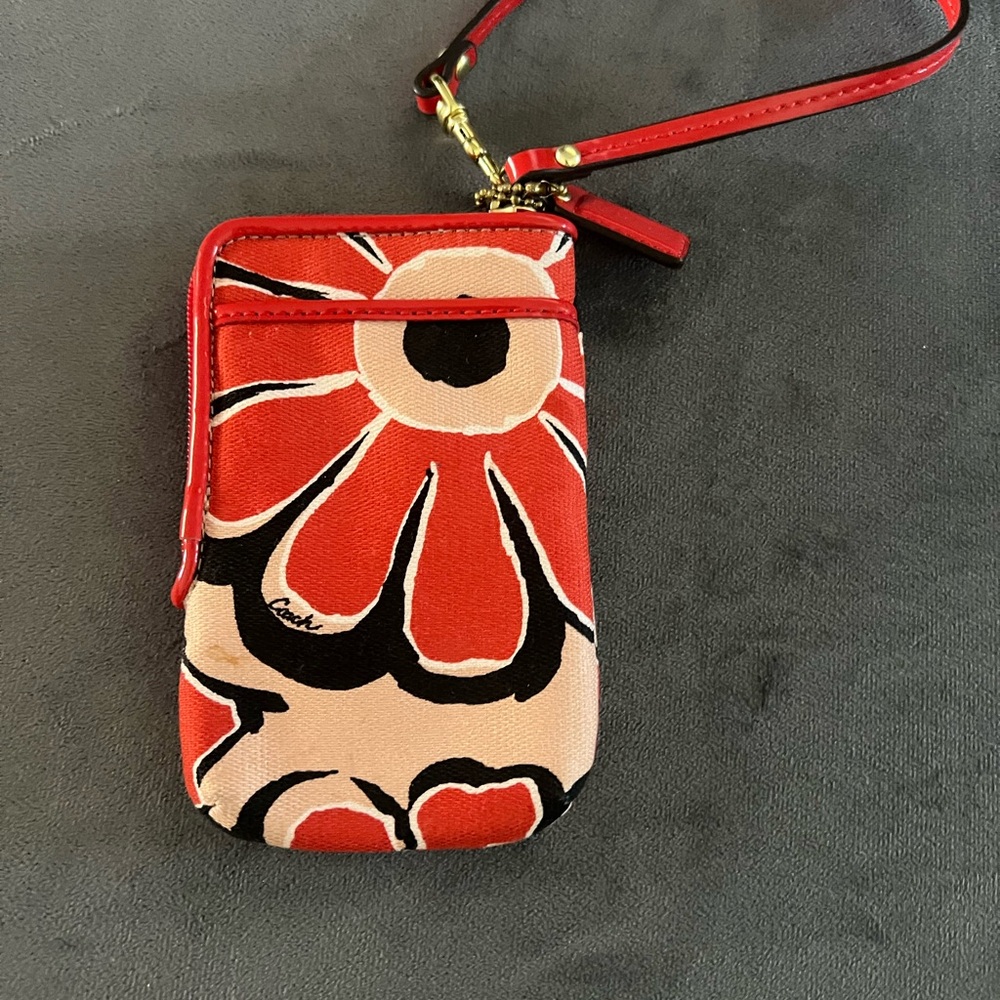 Coach Red Floral Canvas Wristlet Pouch with Black and Cream Accents